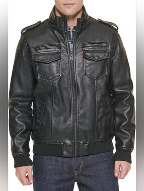 Levi's Black Faux Leather Shepa Lined Aviator Bomber Jacket